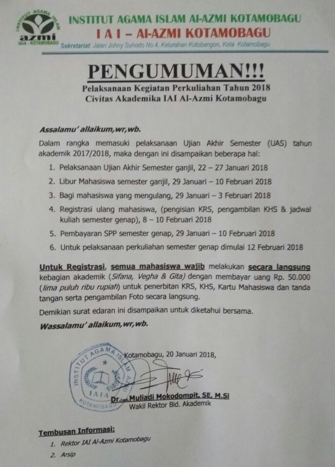 PENGUMUMAN! Pelaksanaan Kegiatan Perkuliahan Tahun 2018