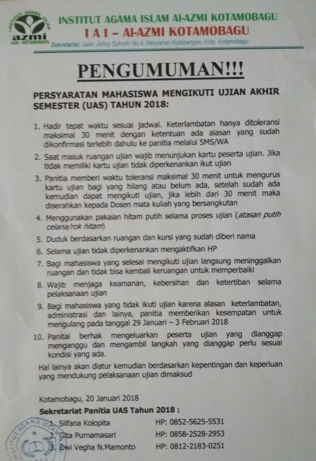 PENGUMUMAN! Persyaratan Mahasiswa Mengikuti UAS Genap 2018
